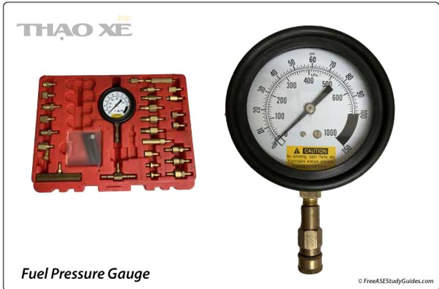 Bộ dụng cụ đo áp suất nhiên liệu (fuel pressure test kit) gồm đồng hồ và đầu nối