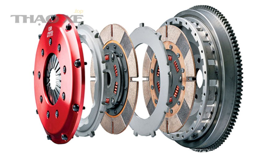 Sơ đồ cơ bản của cụm ly hợp: bánh đà, lá côn, bàn ép và bi tê