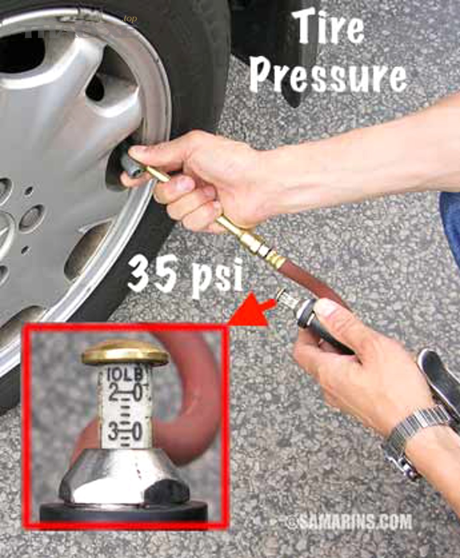 Đo áp suất lốp bằng đồng hồ, ví dụ 35 psi