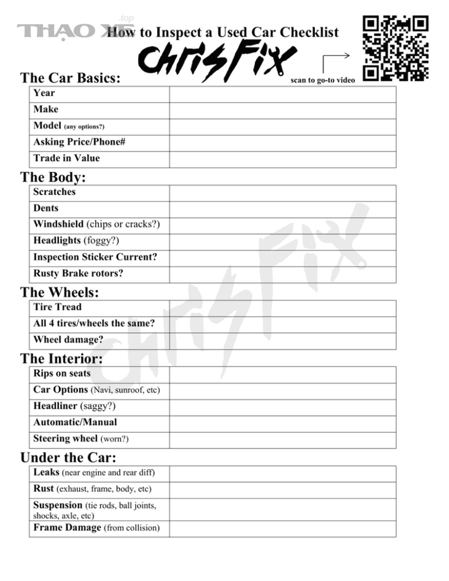 Checklist kiểm tra xe cũ trước khi mua để giảm rủi ro chi phí sửa chữa