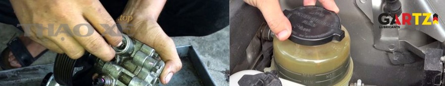 Kỹ thuật viên kiểm tra hệ thống lái và bơm trợ lực tại gara