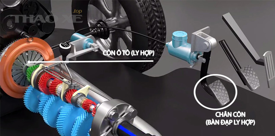 Sơ đồ minh họa bàn đạp ly hợp và hệ thống truyền lực trên xe số sàn