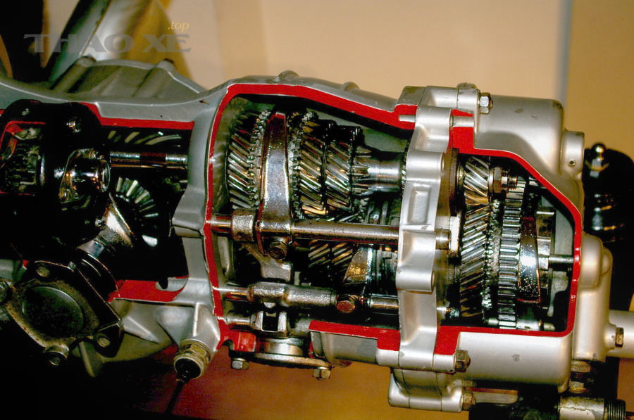 Hộp số sàn dạng cutaway (manual gearbox cutaway) giúp hình dung bánh răng và trục truyền