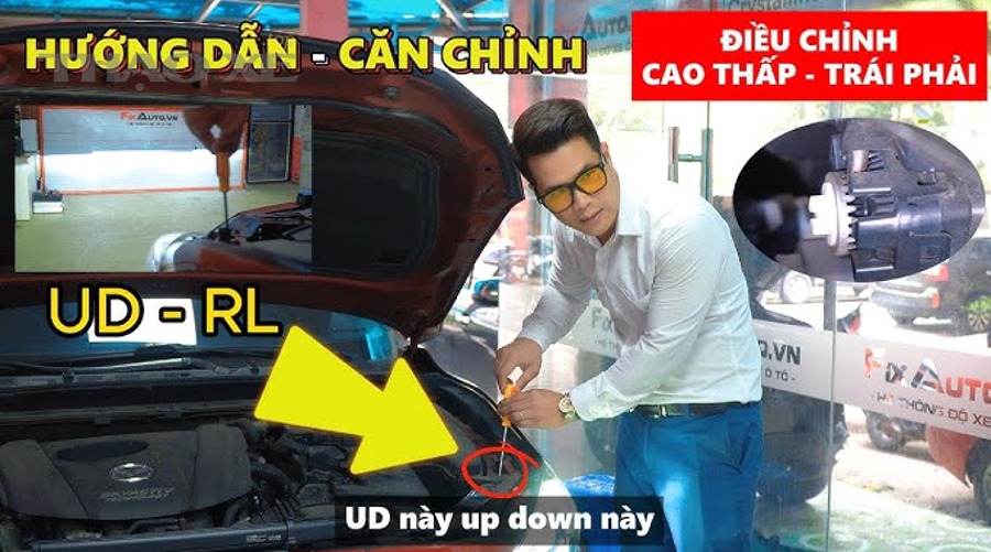 Sơ đồ đèn projector: thấu kính và màn chắn tạo đường cắt, liên quan đến việc căn chỉnh để tránh chói