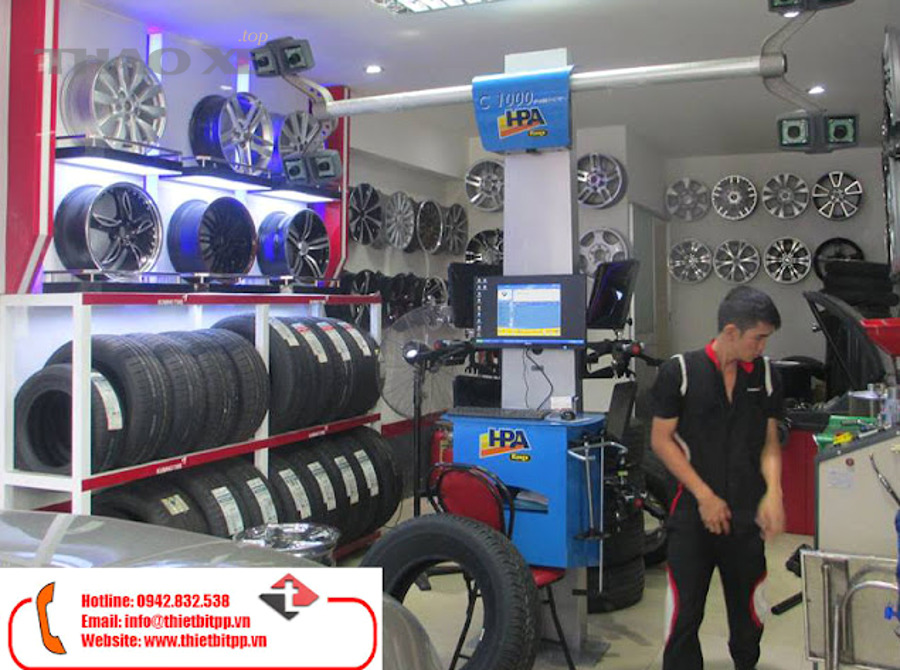 Ví dụ máy cân chỉnh góc đặt bánh xe dùng trong gara