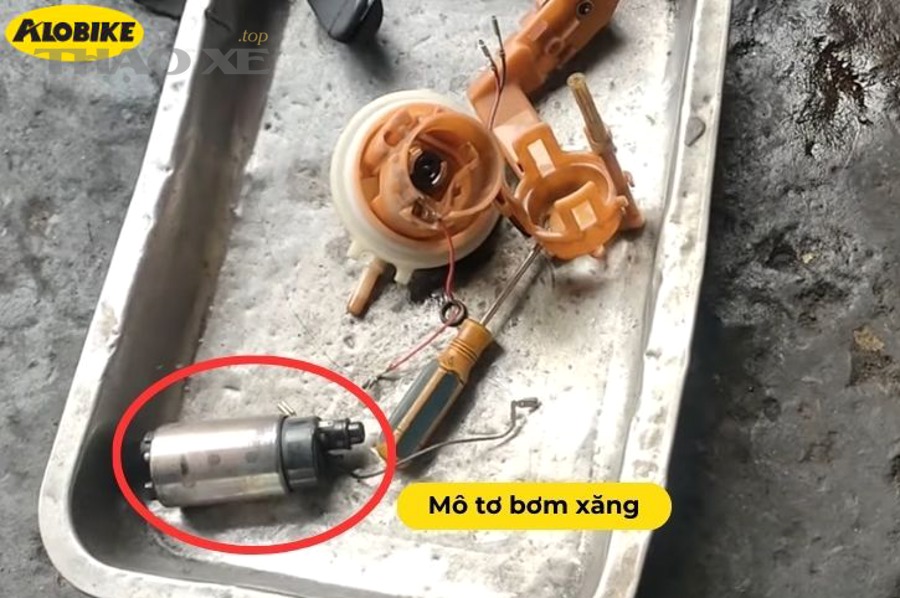Thợ kỹ thuật kiểm tra hệ thống nhiên liệu và bơm xăng xe máy