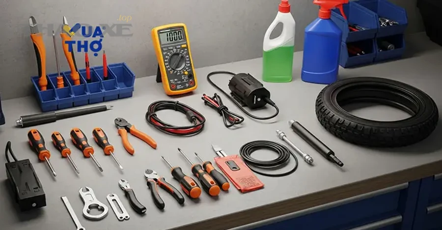 Khi bị thủng lốp, dùng bộ vá + bơm điện theo các bước nào để an toàn?